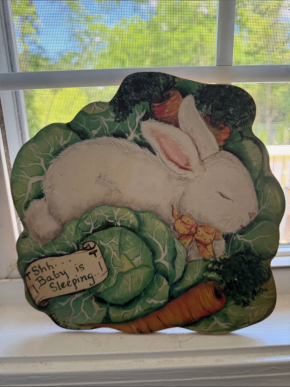 Sleeping Bunny Decorative Plate - White Bunny with Green Cabbage & Carrot